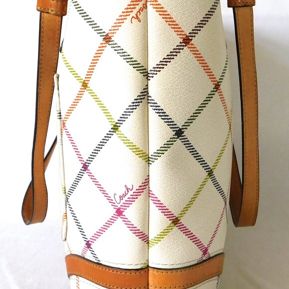Large Coach Ivory Multi-Colored Striped Natural Hide Leather Tote handbag Purse - Picture 8 of 14